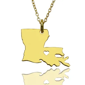 Louisiana state map pendant necklace in gold stainless steel with hollow heart detail
