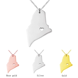 Maine State Map Pendant Necklace Stainless Steel With Hollow Heart Minimalist Geometric Jewelry For Women Men Gold Plated