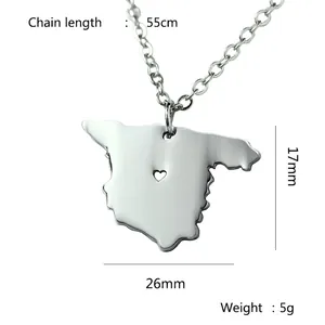Silver stainless steel Spain map pendant necklace with heart cutout and 55cm chain