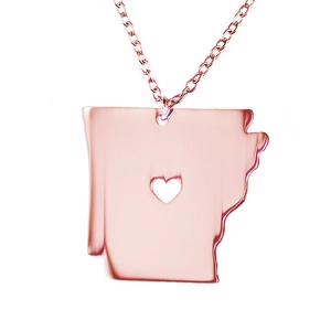 Rose gold Arkansas state map necklace featuring a delicate heart cutout and fine chain