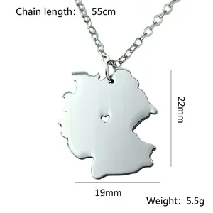 German map pendant necklace in stainless steel with heart cutout and 55cm chain