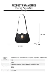 Detail view of black quilted PU leather shoulder bag with gold clasp and size measurements