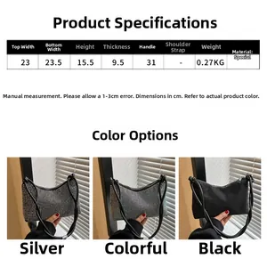 Size chart showing silver, colorful and black rhinestone bags with 23cm width dimension