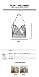 Detailed size specifications and material chart for large metallic hobo tote bag