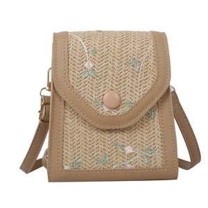 Vintage straw crossbody bag with floral embroidery and khaki PU leather trim detail