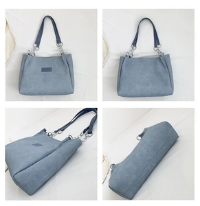 Four-angle view of light blue tote bag showing smooth texture and silver chain strap