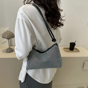 Women Full Rhinestone Underarm Hobo Bag Sparkling Diamond Shoulder Handbag PU Leather For Evening Party