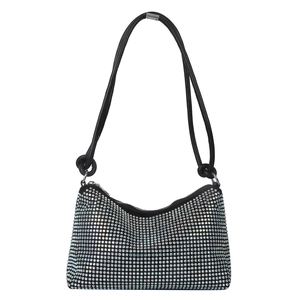 Black baguette shoulder bag with sparkling silver rhinestones and leather knot strap