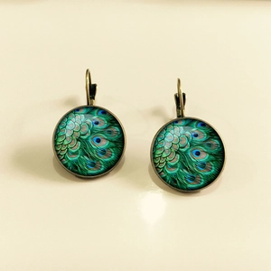 Vintage bronze lever-back earrings with peacock feather pattern glass gemstone