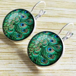 Vintage Round Peacock Feather Glass Cabochon Dangle Earrings With Alloy Lever Back Hook Bohemian Nature Jewelry For Women