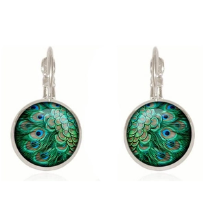 Vintage silver ear hooks featuring round glass peacock feather charms on white background