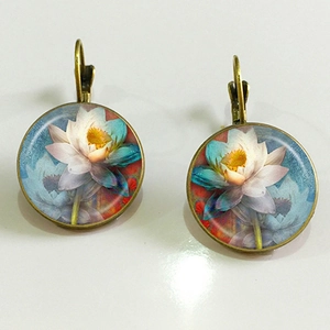 Vintage Indian lotus flower lever-back earrings with glass gem in bronze finish