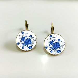 Vintage Bronze-Ohrhaken mit 18mm blau-weißem Porzellanmuster im chinesischen Stil