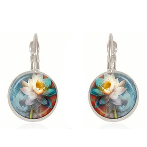 Ethnic lotus flower leverback earrings with glass cabochon art on white background