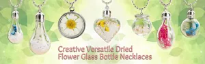 Detailed collection of assorted glass bottle necklaces with dried flowers and silver chains