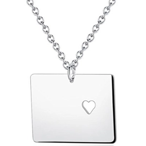 Minimalist Colorado state map necklace with silver rectangle pendant and heart cutout