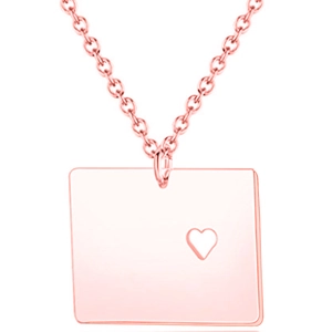 Rose gold Colorado state map necklace with a minimalist rectangular heart pendant