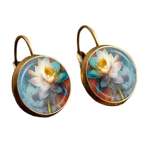 Vintage lotus drop earrings with bronze lever-back hooks and blue artistic pattern