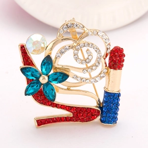 Eleganter Blumen- und Lippenstift-Broschen-Pin mit bunten Kristallen auf einer Goldlegierung