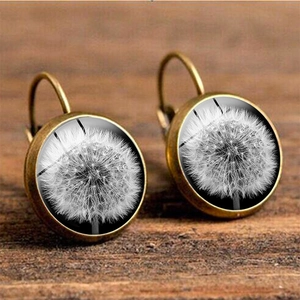 Boucles d'oreilles rétro en bronze avec motif pissenlit sous cabochon en verre