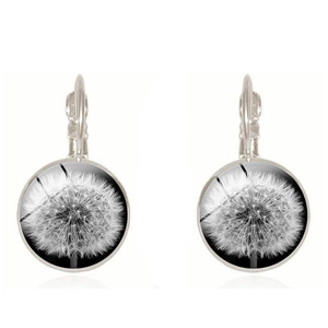 Boucles d'oreilles dormeuses pissenlit argentées faites main avec cabochon vintage