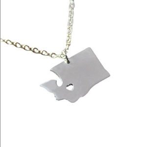 Collier minimaliste en acier inoxydable argenté avec pendentif carte de Washington et cœur