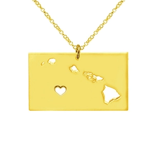 Gold Hawaii map necklace with rectangular hollow pendant and heart pattern on white background