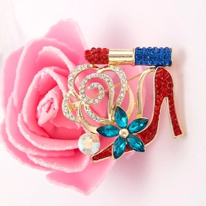 Mode Damen Edelstahl Vergoldet Strass Brosche Mit Rose High Heel Lippenstift Design Bekleidungszubehör Schmuck Geschenk