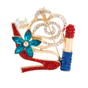 Eleganter Goldbroschen-Anstecker mit Rosen, High Heels und Lippenstift-Motiven und Kristallen