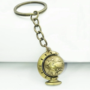 Macro view of vintage bronze globe keychain with embossed world map details
