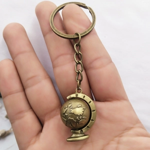 Rotating world globe keychain in vintage bronze finish for bags and keys