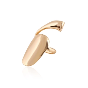Detail of gold-toned nail ring with high-polish water drop design on white background