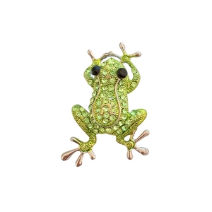 Cartoon frog brooch and necklace with green rhinestones and silver metal finish