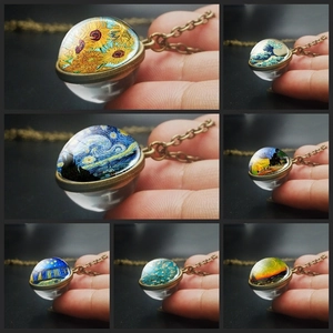Vintage Van Gogh Kunst Glaskugel Anhänger Halskette Legierung Bronze Silber Doppelseitiges Kunstgemälde Schmuck Für Damen Kunstliebhaber