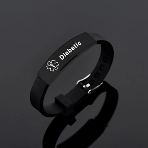 Bracelet médical pour diabète de type 1 en silicone noir avec plaque en acier inoxydable