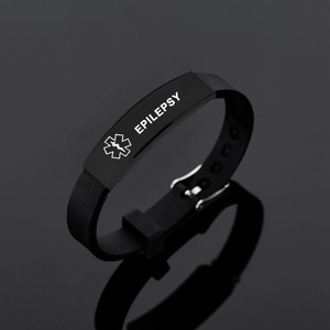 Bracelet d'alerte médicale en silicone noir avec plaque en acier pour l'épilepsie