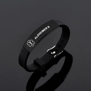 Bracelet médical noir en silicone gravé Alzheimer avec boucle ardillon en acier inoxydable