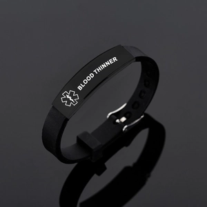 Bracelet médical noir en silicone et acier avec alerte Blood Thinner et Star of Life