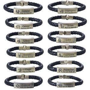 Retro Lederarmbänder mit 12 Sternzeichen-Anhängern aus Bronze und Magnetverschluss
