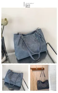 Detail view of deep blue distressed tote bag with silver chain and large capacity