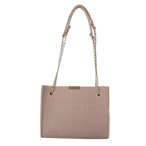 Women beige felt texture tote bag with faux crocodile pattern and metal chain strap