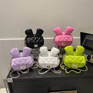 Cartoon Rabbit Ear Crossbody Bag For Women Girls Quilted PU Leather Lattice Chain Strap Small Square Shoulder Bag