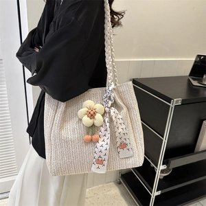 Oatmeal straw woven tote bag with 3D flower pendant and printed silk ribbon for women