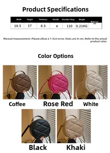 Detailed size specifications and color selection for round quilted PU leather handbag