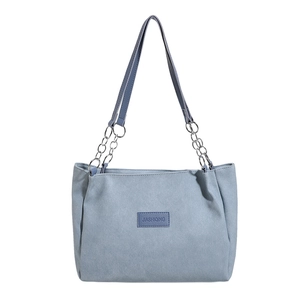 Large capacity blue-grey canvas tote bag with chain strap and logo for daily commute
