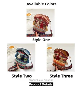 Ethnic bucket bags with embroidery, colorful tassels and bohemian wide straps