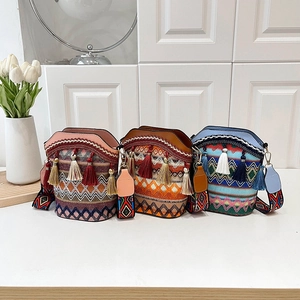Women's Bohemian Ethnic Style Canvas Bucket Bag Geometric Embroidery Tassel Shoulder Crossbody Bag With Wide Strap Travel Bag