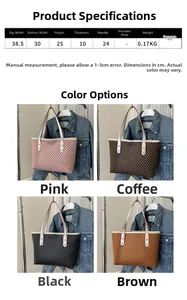 Size chart showing large capacity checkerboard tote bag dimensions and PU material specs