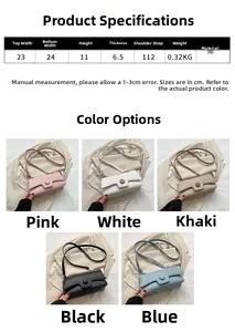 Size guide for PU leather small square bag showing dimensions and colors in pink and black