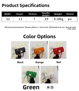Size chart for quilted PU chain shoulder bag showing dimensions 22x11x7cm and colors